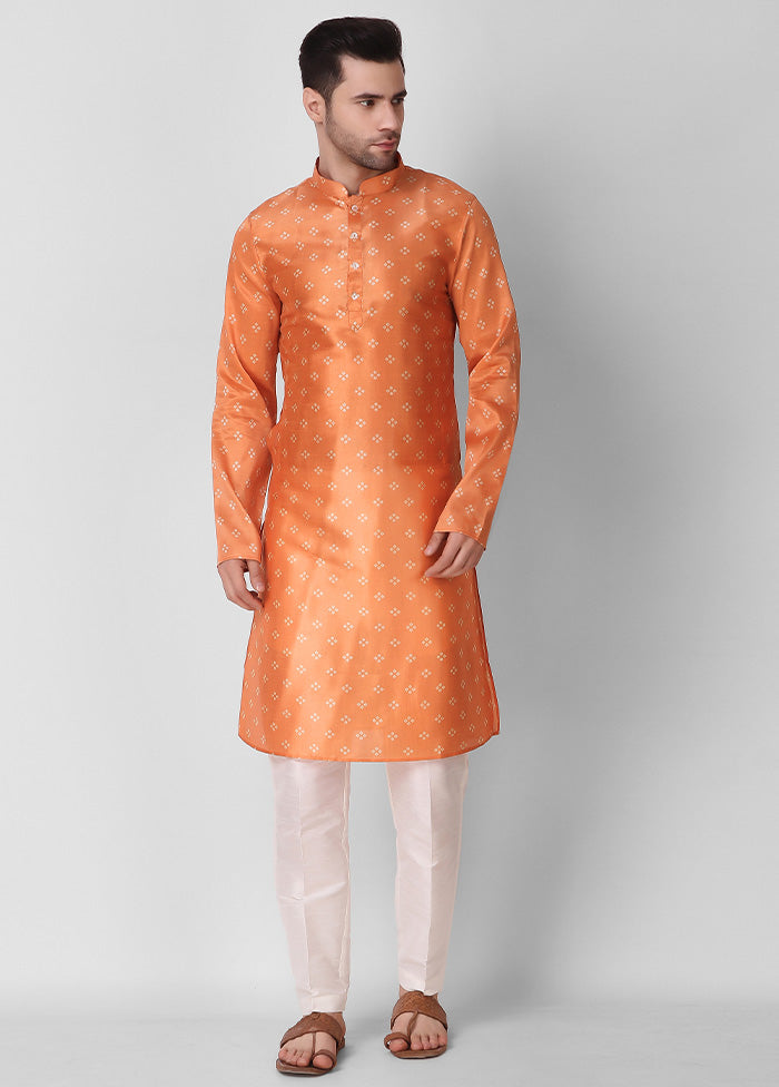 2 Pc Orange Dupion Silk Kurta Pajama Set