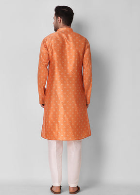 2 Pc Orange Dupion Silk Kurta Pajama Set