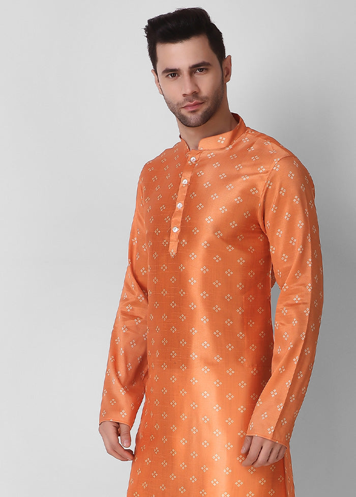 2 Pc Orange Dupion Silk Kurta Pajama Set