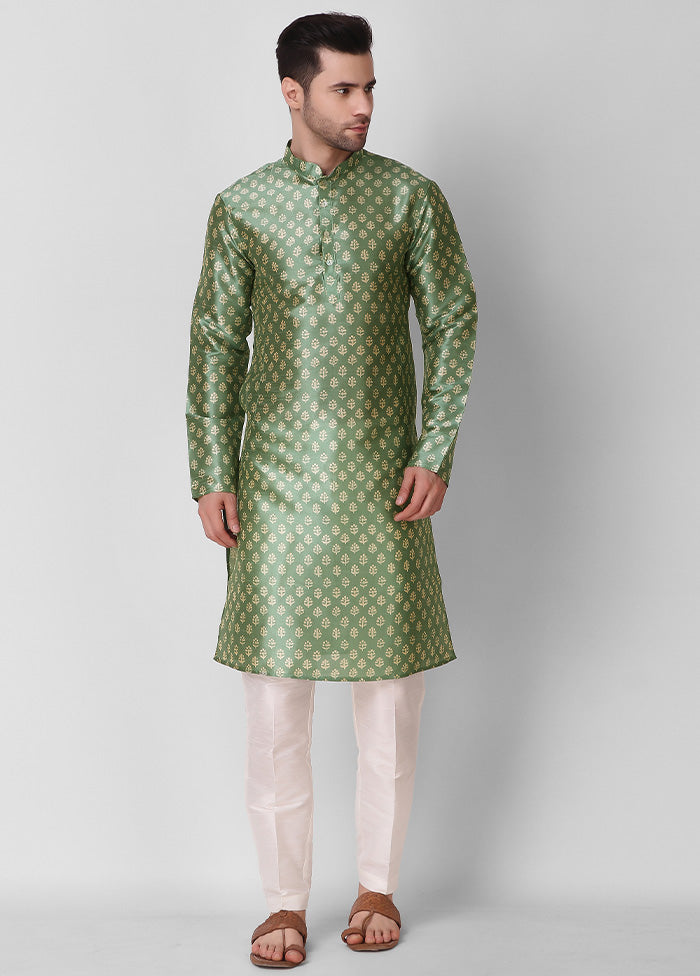 2 Pc Pista Green Dupion Silk Kurta Pajama Set