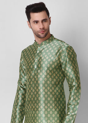 2 Pc Pista Green Dupion Silk Kurta Pajama Set