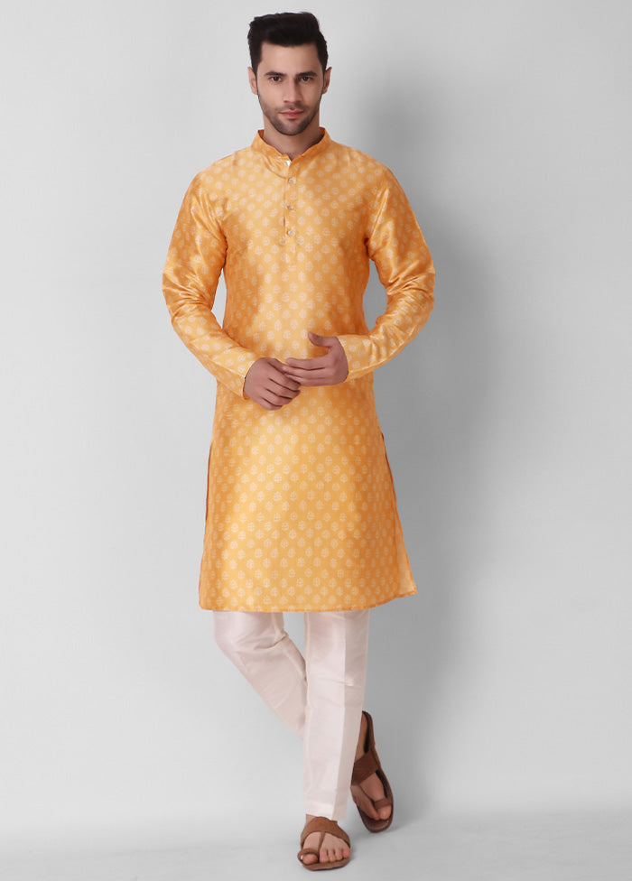 2 Pc Yellow Dupion Silk Kurta Pajama Set