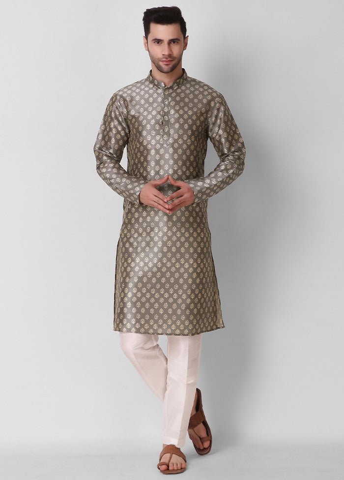 2 Pc Grey Dupion Silk Kurta Pajama Set