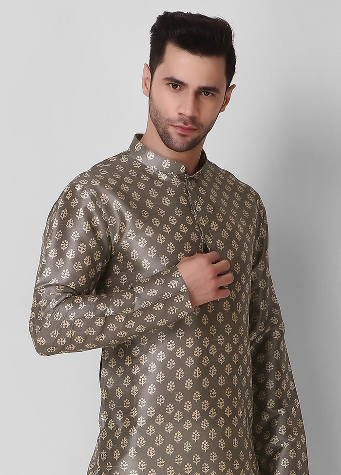 2 Pc Grey Dupion Silk Kurta Pajama Set