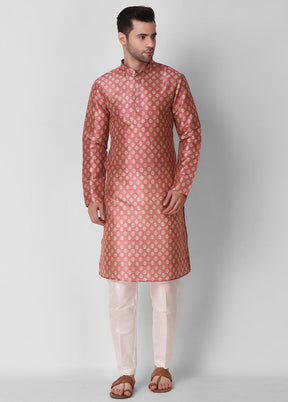 2 Pc Rust Dupion Silk Kurta Pajama Set