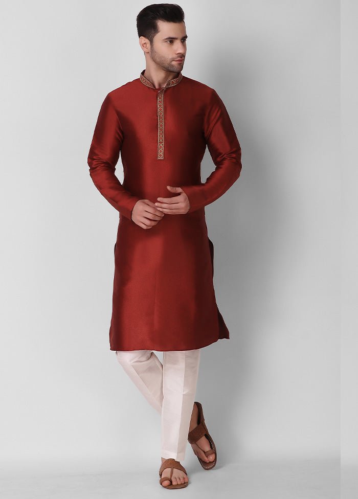 2 Pc Maroon Dupion Silk Kurta Pajama Set