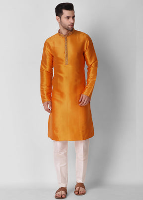 2 Pc Yellow Dupion Silk Kurta Pajama Set