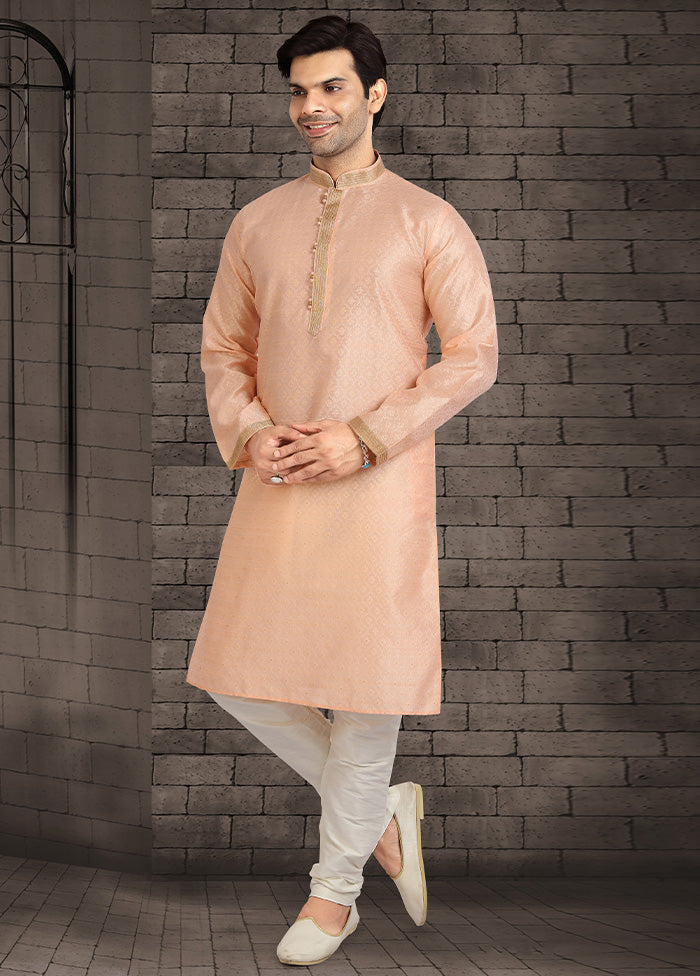 2 Pc Peach Dupion Silk Kurta Pajama Set