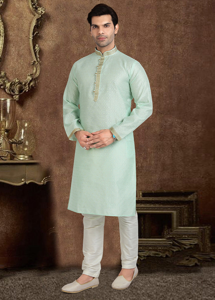 2 Pc Pista Green Dupion Silk Kurta Pajama Set