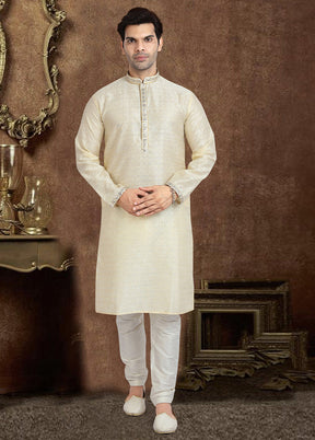 2 Pc Cream Dupion Silk Kurta Pajama Set