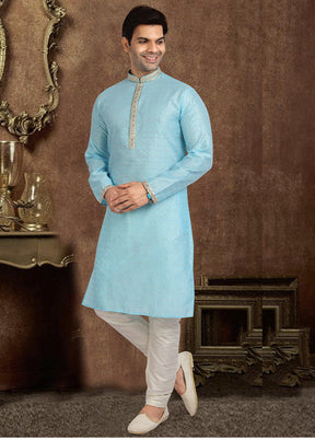 2 Pc Sky Blue Dupion Silk Kurta Pajama Set