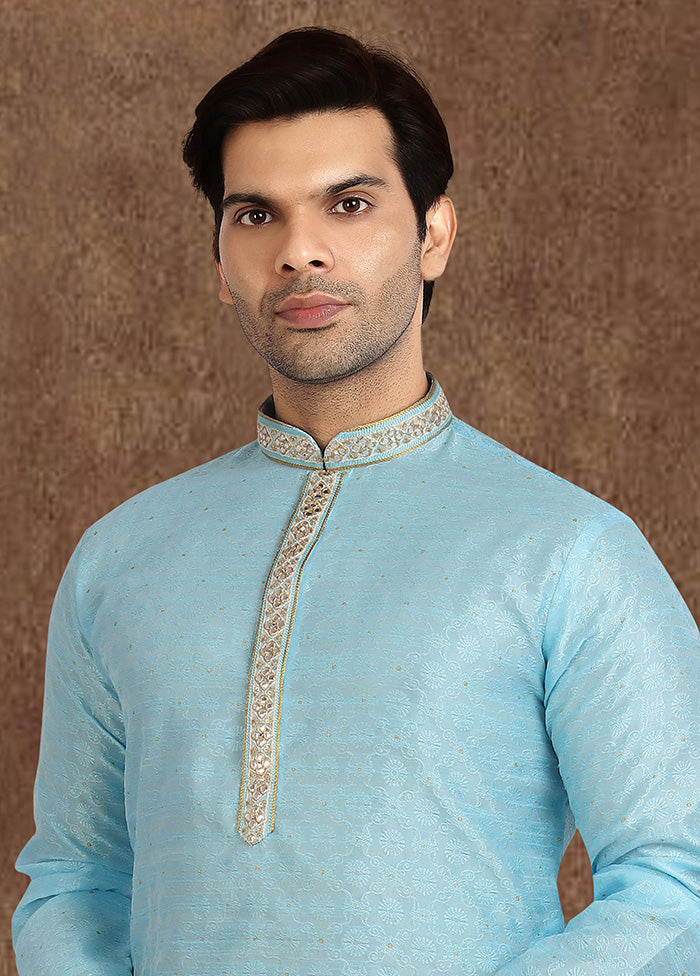 2 Pc Sky Blue Dupion Silk Kurta Pajama Set