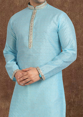 2 Pc Sky Blue Dupion Silk Kurta Pajama Set