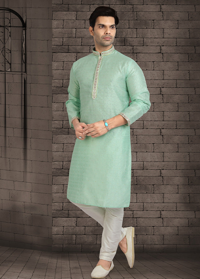 2 Pc Sea Green Dupion Silk Kurta Pajama Set