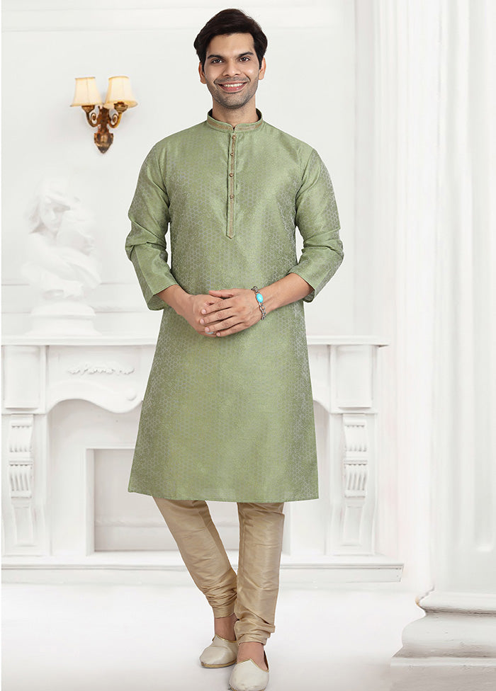 2 Pc Pista Green Dupion Silk Kurta Pajama Set