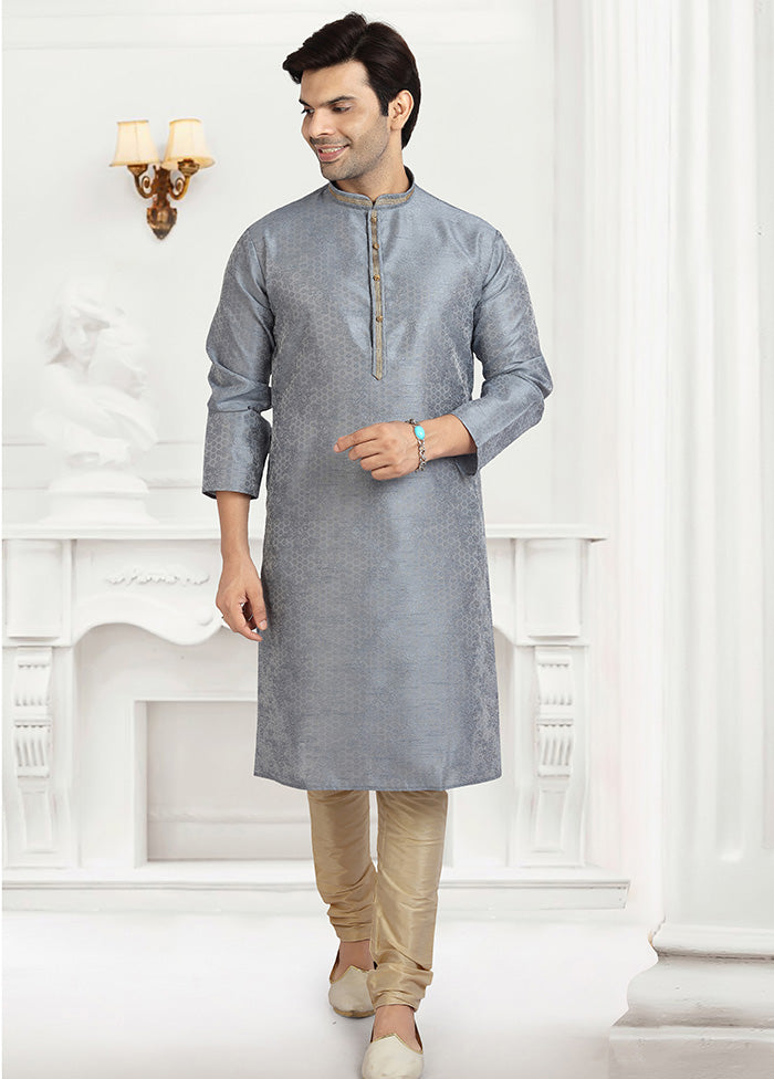 2 Pc Grey Dupion Silk Kurta Pajama Set