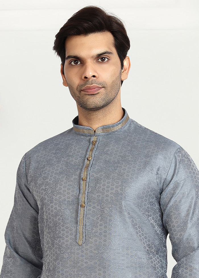 2 Pc Grey Dupion Silk Kurta Pajama Set