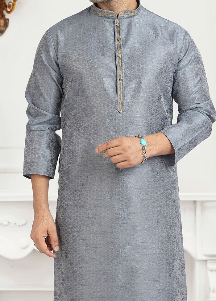 2 Pc Grey Dupion Silk Kurta Pajama Set