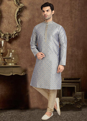 2 Pc Grey Dupion Silk Kurta Pajama Set