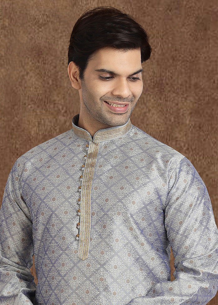 2 Pc Grey Dupion Silk Kurta Pajama Set