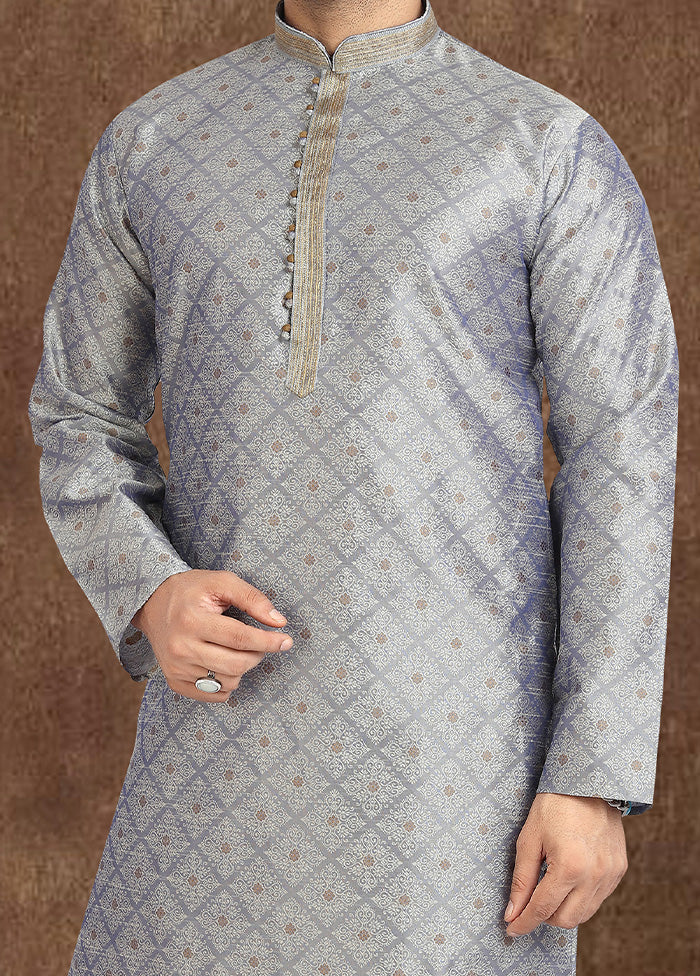 2 Pc Grey Dupion Silk Kurta Pajama Set