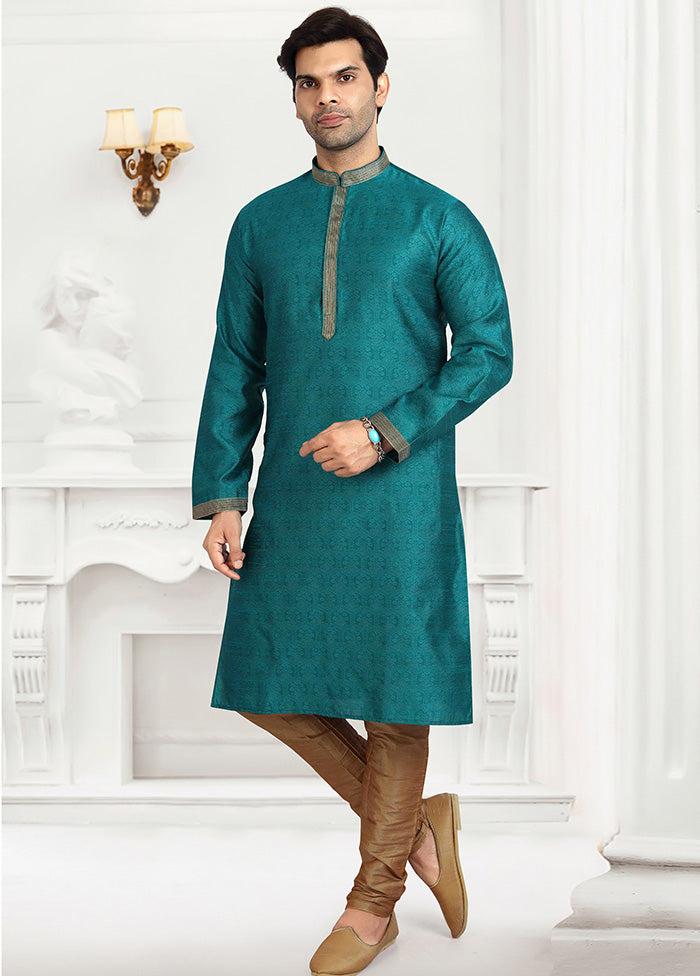 2 Pc Teal Dupion Silk Kurta Pajama Set