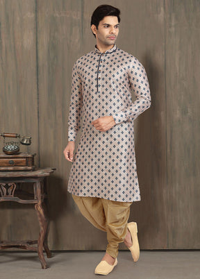 2 Pc Grey Dupion Silk Kurta Dhoti Set