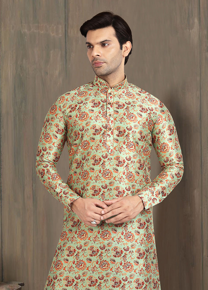 2 Pc Pista Green Dupion Silk Kurta Pajama Set