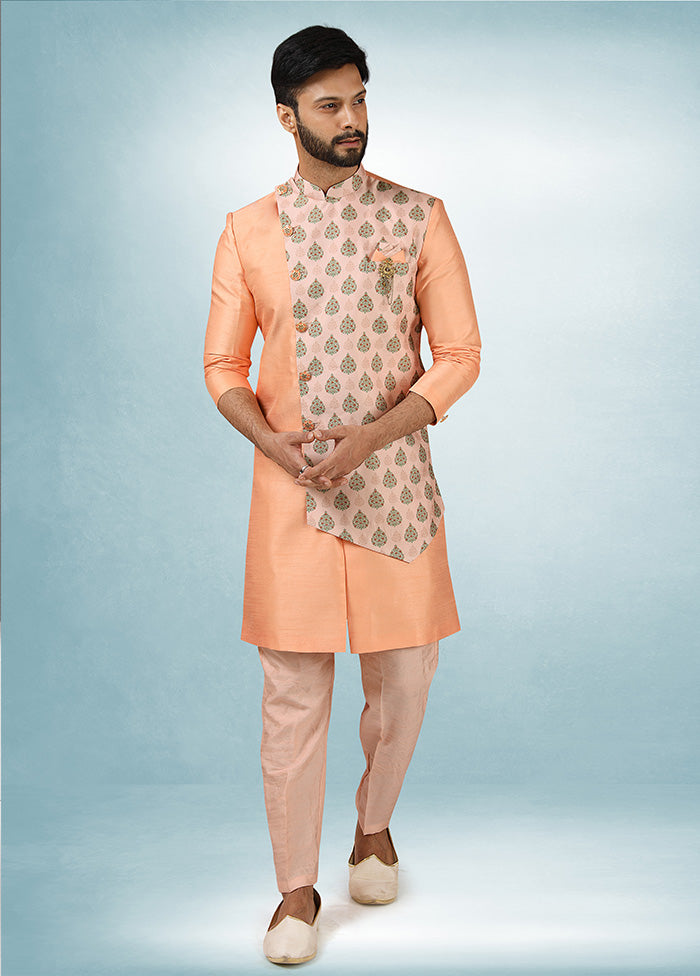 2 Pc Peach Dupion Silk Kurta Pajama Set