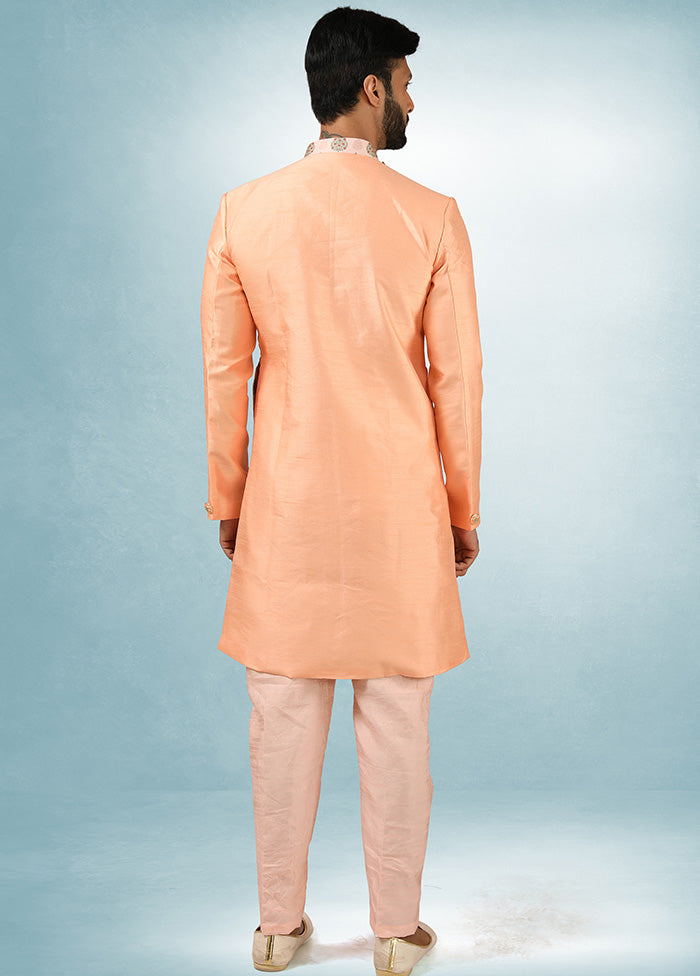 2 Pc Peach Dupion Silk Kurta Pajama Set