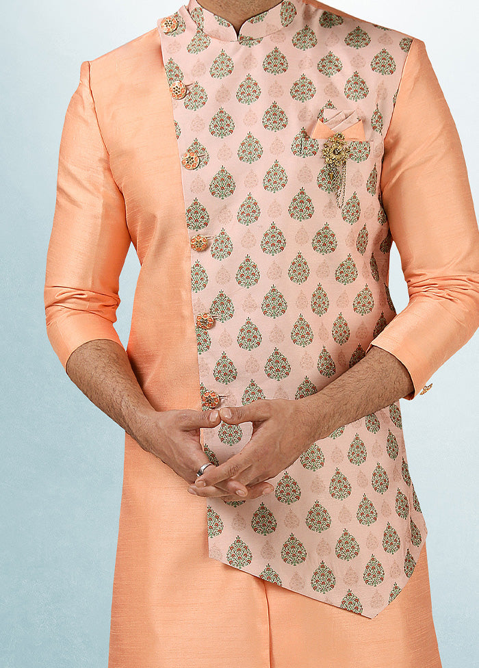 2 Pc Peach Dupion Silk Kurta Pajama Set