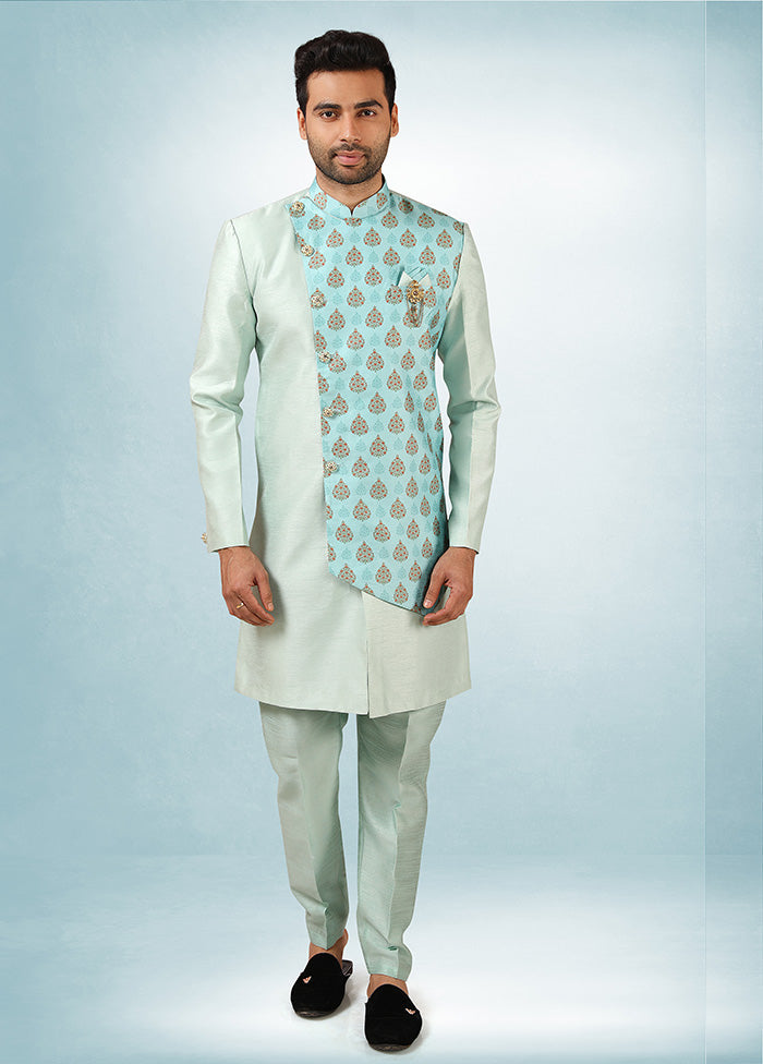 2 Pc Pista Green Dupion Silk Kurta Pajama Set