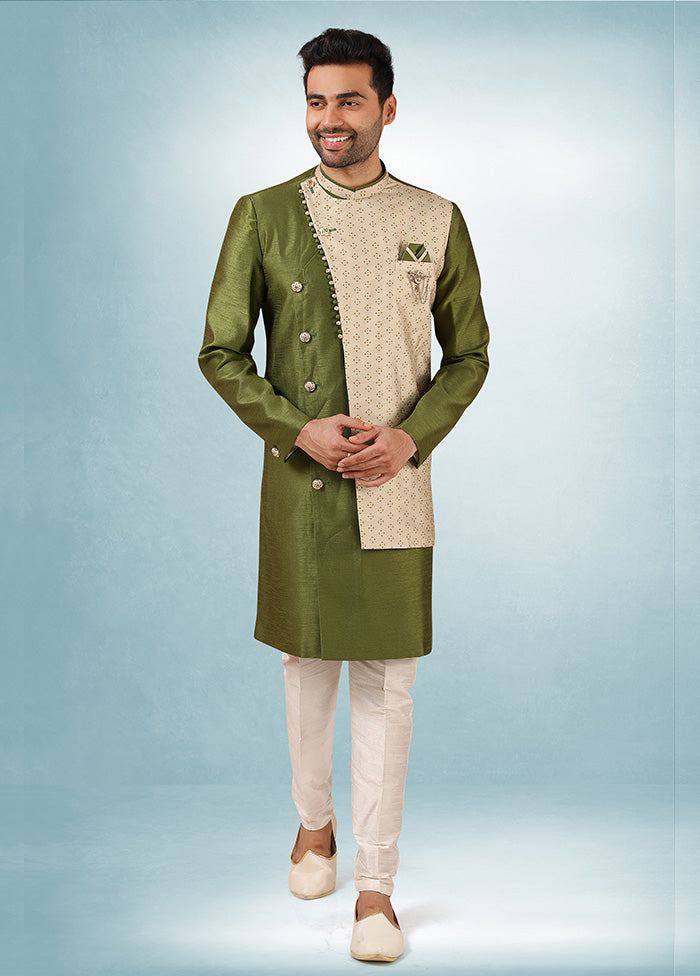 2 Pc Mehendi Dupion Silk Kurta Pajama Set