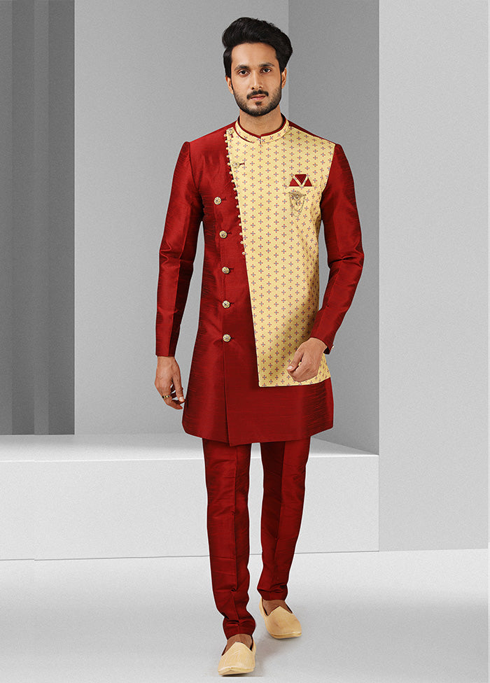 2 Pc Maroon Dupion Silk Kurta Pajama Set