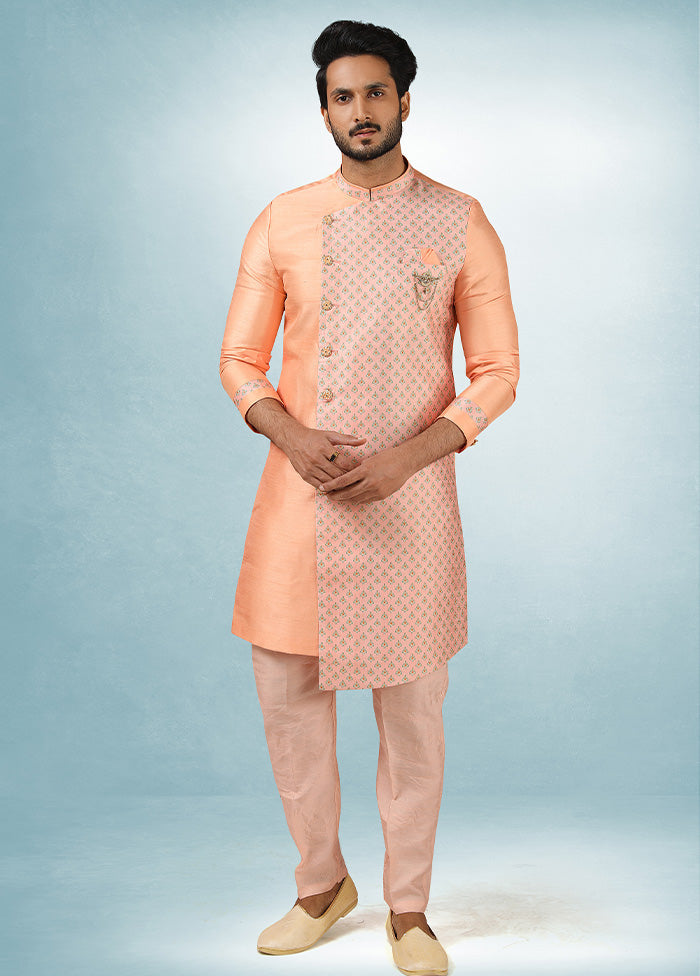 2 Pc Peach Dupion Silk Kurta Pajama Set