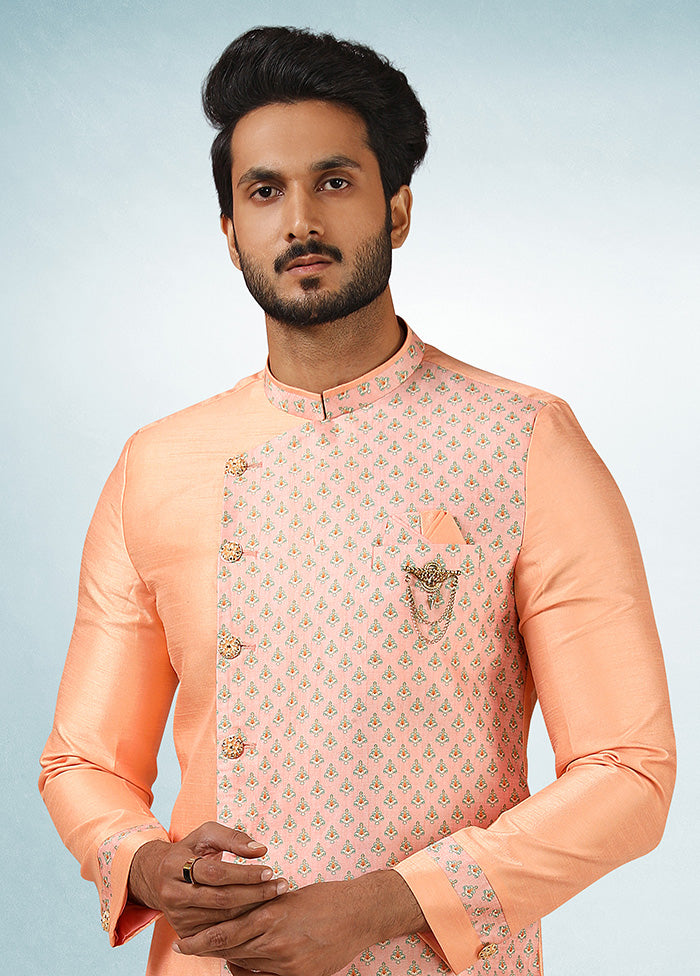 2 Pc Peach Dupion Silk Kurta Pajama Set