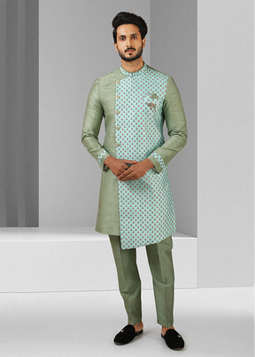 2 Pc Pista Green Dupion Silk Kurta Pajama Set