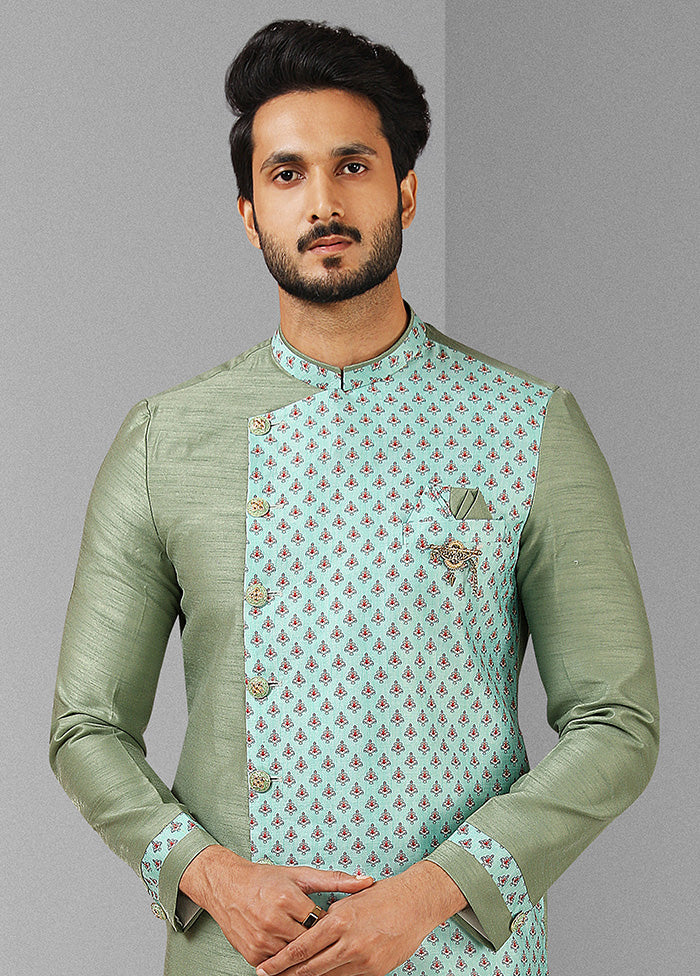 2 Pc Pista Green Dupion Silk Kurta Pajama Set