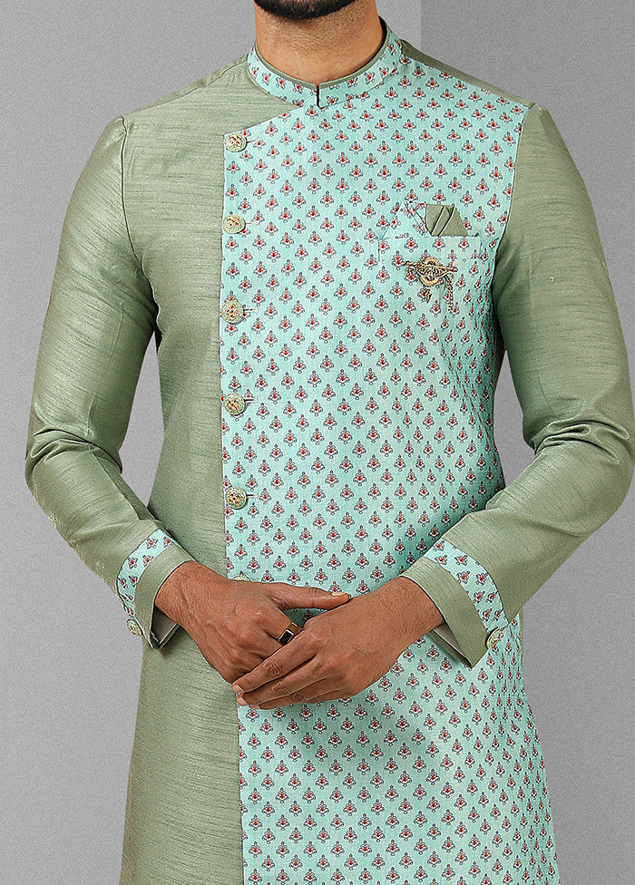 2 Pc Pista Green Dupion Silk Kurta Pajama Set