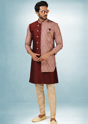 2 Pc Wine Dupion Silk Kurta Pajama Set