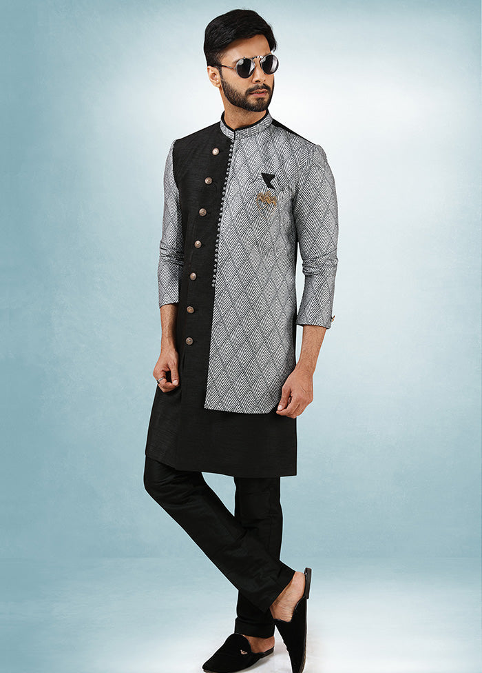 2 Pc Black Dupion Silk Kurta Pajama Set