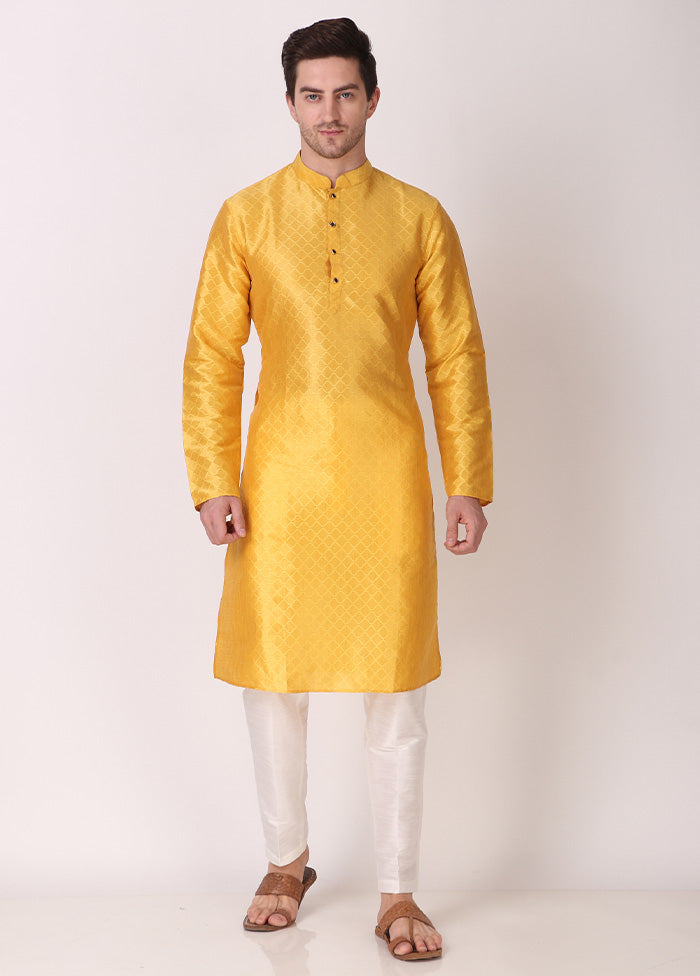 2 Pc Yellow Dupion Silk Kurta Pajama Set