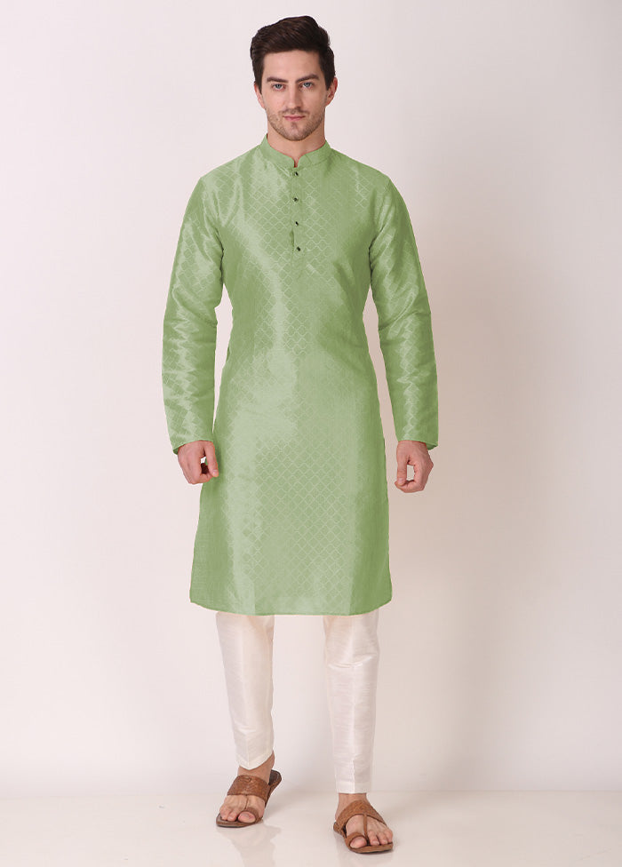 2 Pc Pista Green Dupion Silk Kurta Pajama Set