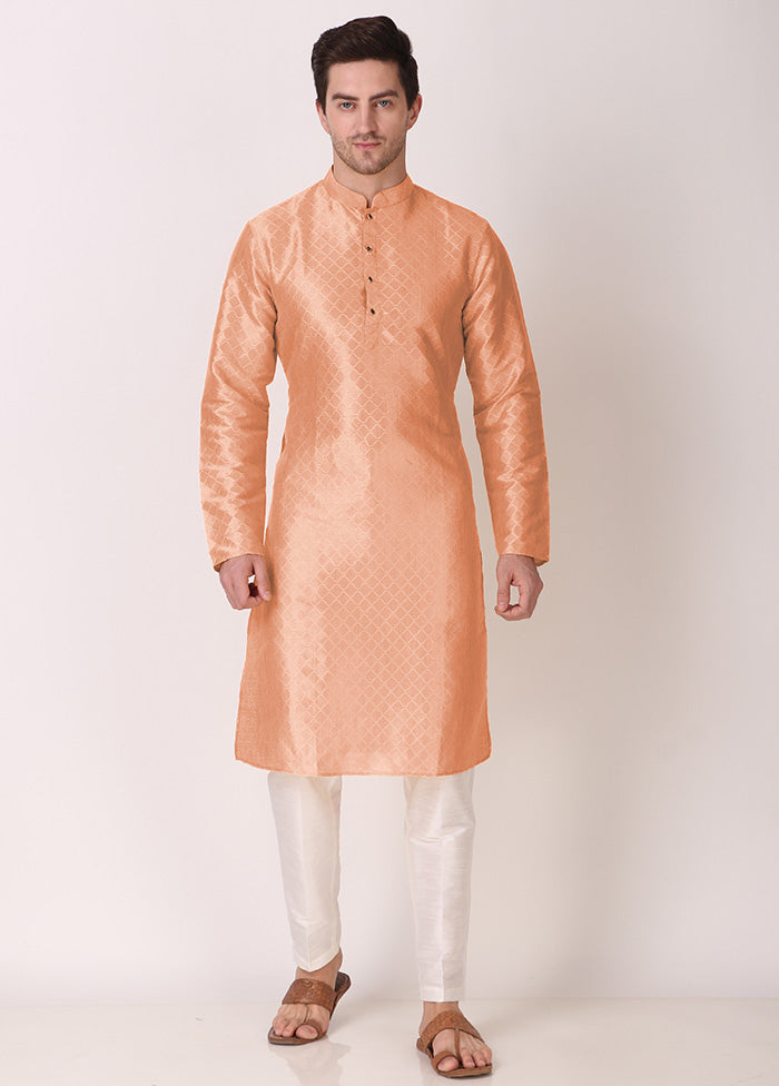 2 Pc Peach Dupion Silk Kurta Pajama Set