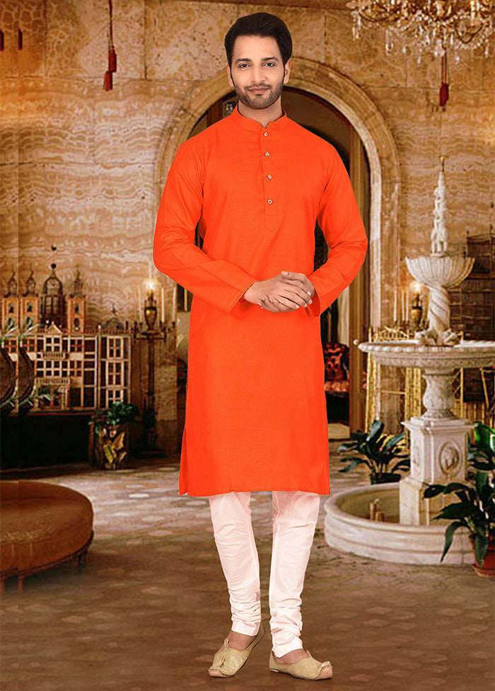 2 Pc Orange Cotton Kurta Pajama Set