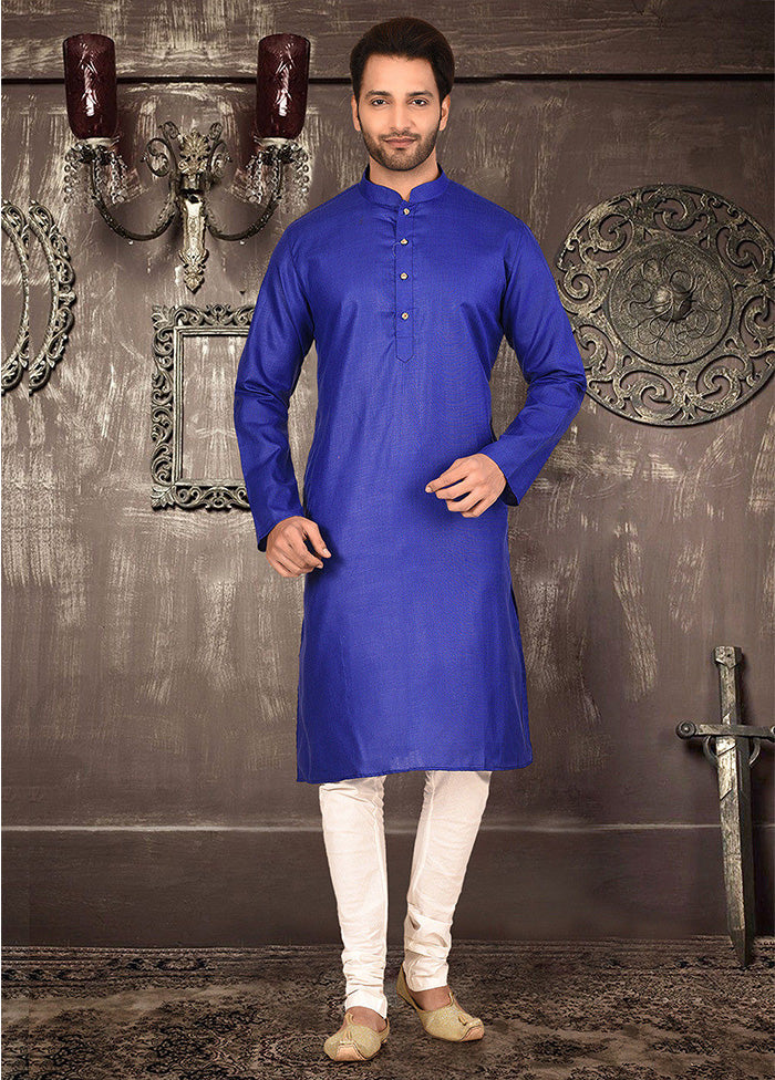 2 Pc Royal Blue Cotton Kurta Pajama Set