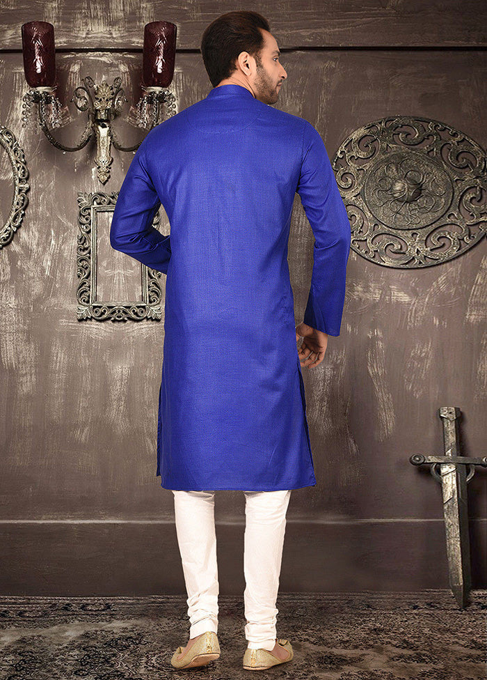 2 Pc Royal Blue Cotton Kurta Pajama Set