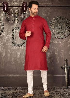 2 Pc Red Cotton Kurta And Pajama Set