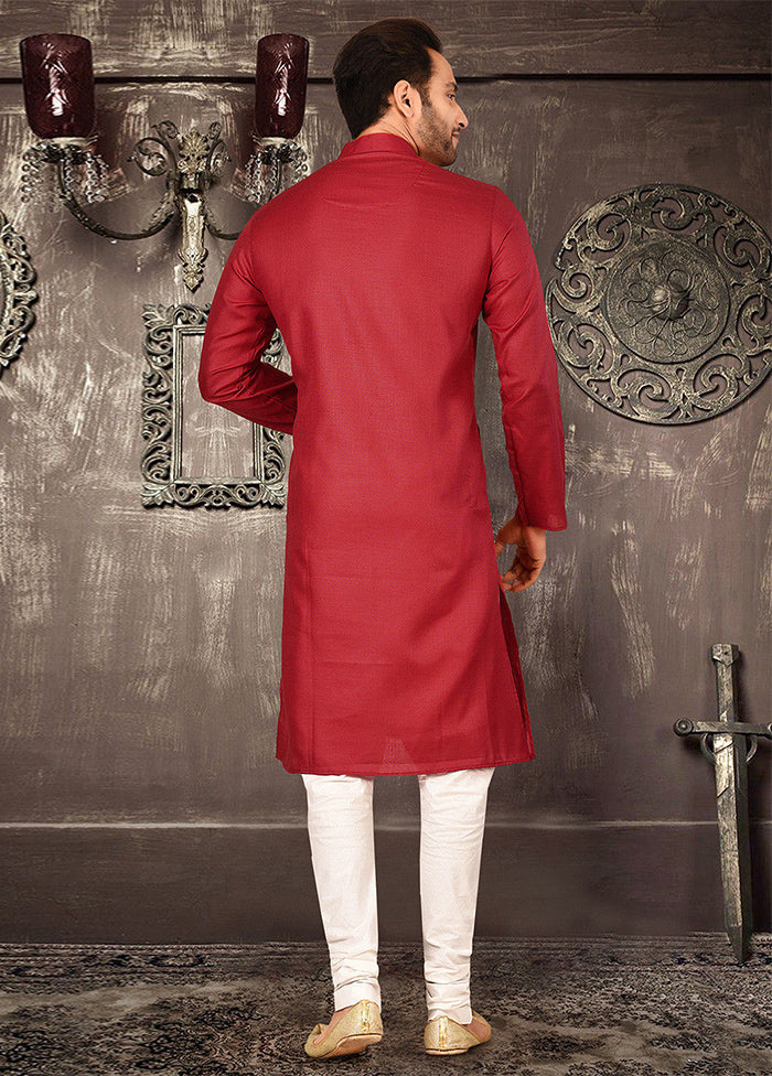 2 Pc Red Cotton Kurta And Pajama Set