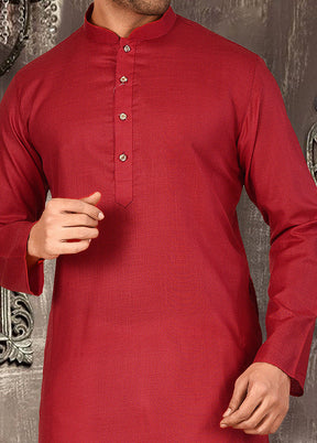 2 Pc Red Cotton Kurta And Pajama Set